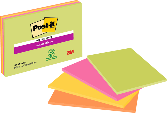 Memoblok Post-it 6445 Super Sticky 152x101mm assorti 4 stuks afbeelding