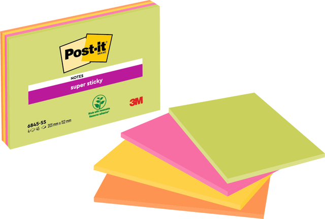 Memoblok Post-it 6845 Super Sticky 203x152mm assorti 4 stuks afbeelding
