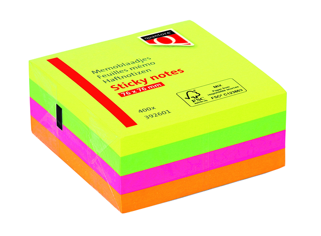 Memoblok Quantore 76x76mm neon kleuren assorti 4 kleuren 400 vel afbeelding