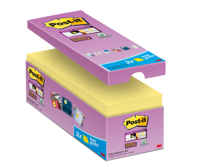 Memoblok Post-it 654 Super Sticky 76x76mm geel 14+2 gratis afbeelding