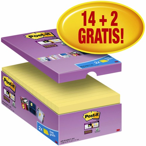 Memoblok Post-it 655 Super Sticky 76x127mm geel 14+2 gratis