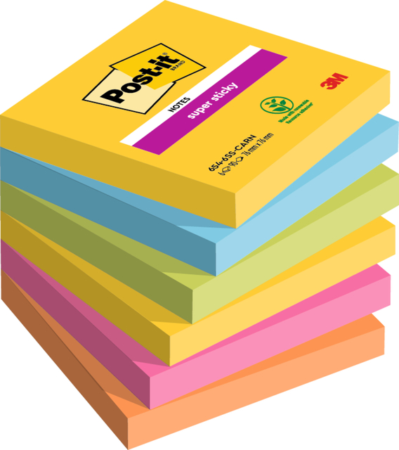Memoblok Post-it 654 Super Sticky 76x76mm Carnival 6 stuks afbeelding