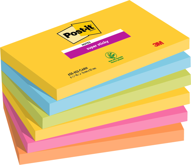 Memoblok Post-it 655 Super Sticky 76x127mm Carnival 6 stuks afbeelding