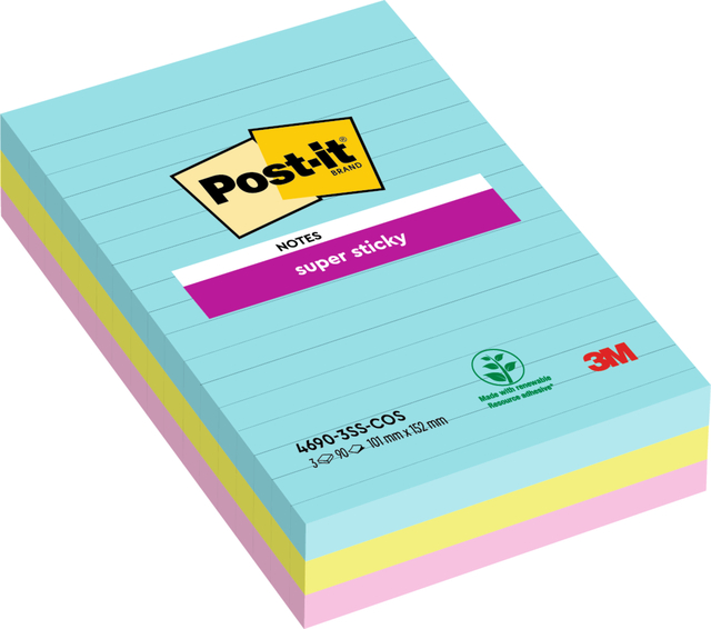 Memoblok Post-it 4690 Super Sticky 101x152mm Cosmic 3 stuks afbeelding