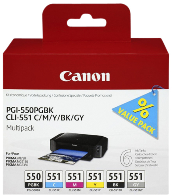 Inktcartridge Canon PGI-550 + CLI-551 zwart + 5 kleuren afbeelding