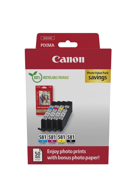 Inktcartridge Canon CLI-581 4 kleuren + papier afbeelding
