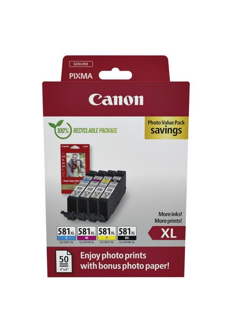 Inktcartridge Canon CLI-581XL 4 kleuren + papier afbeelding