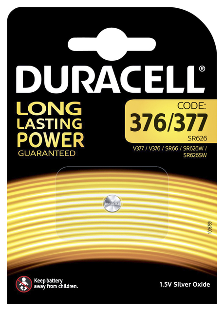 Batterij Duracell knoopcel 377 zilver oxideØ6,8mm 1,5V-18mA