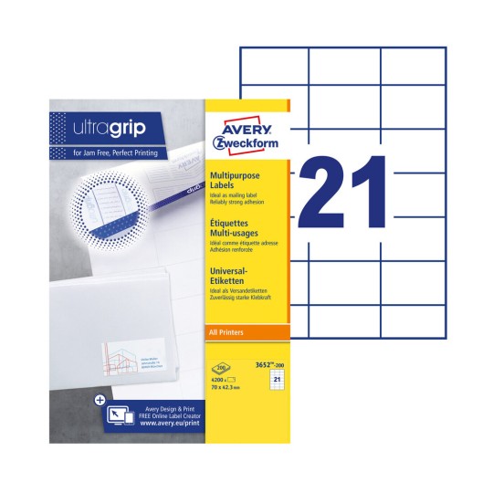 Etiket Avery 3652-200 70x42.3mm wit 4200 stuks