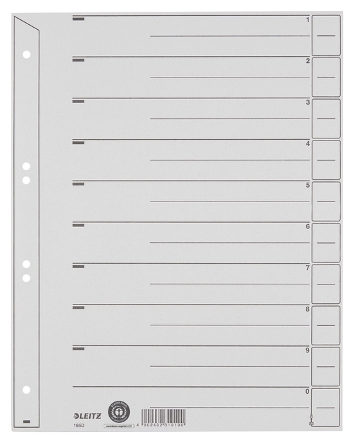 Scheidingsbladen Leitz A4 karton 200gr 6-gaats grijs 100 stuks afbeelding