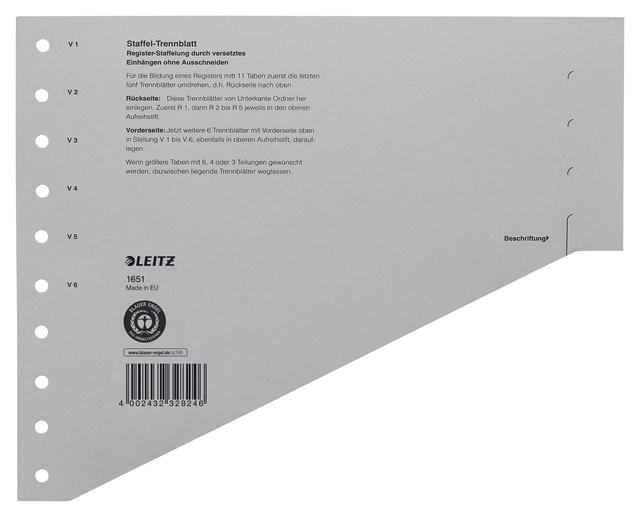 Scheidingsbladen Leitz A4 karton 200gr 11-gaats grijs 100 stuks