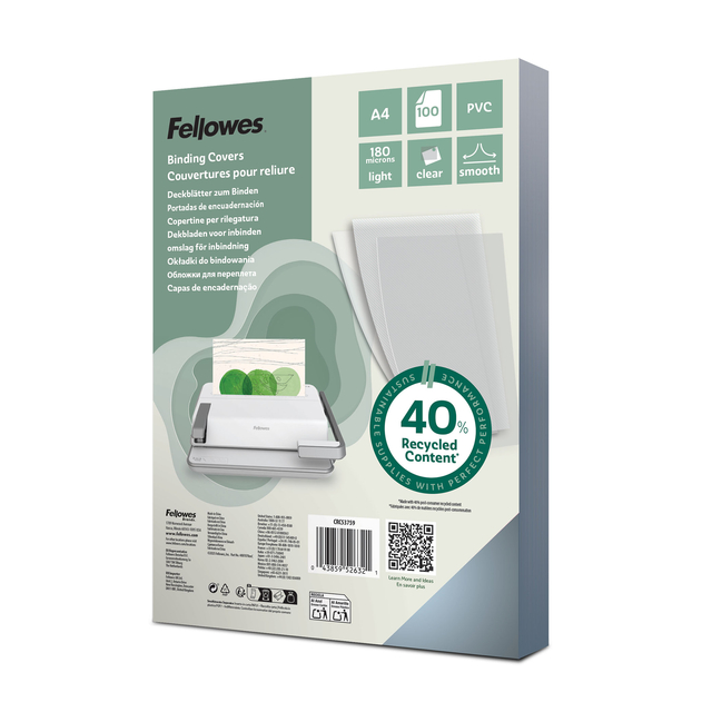 Voorblad Fellowes A4 PVC 180micron recycled 100 stuks