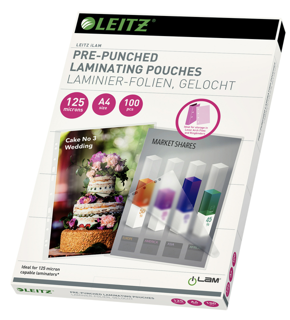 Lamineerhoes Leitz iLAM A4 met perforatieband 2x125micron EVA 100 stuks afbeelding