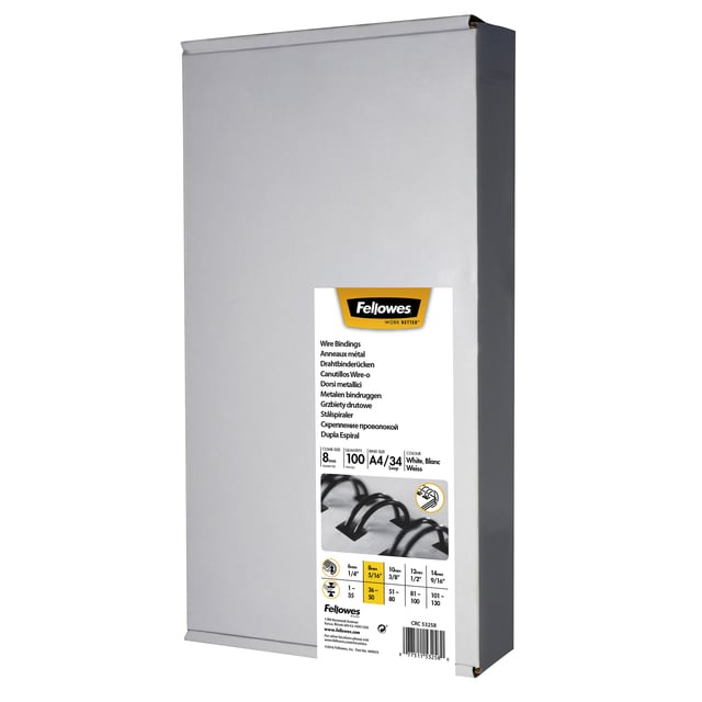 Draadrug Fellowes 8mm 34-rings A4 wit 100 stuks afbeelding