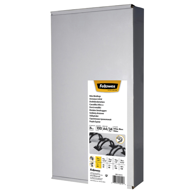 Draadrug Fellowes 6mm 34-rings A4 zilver 100 stuks afbeelding