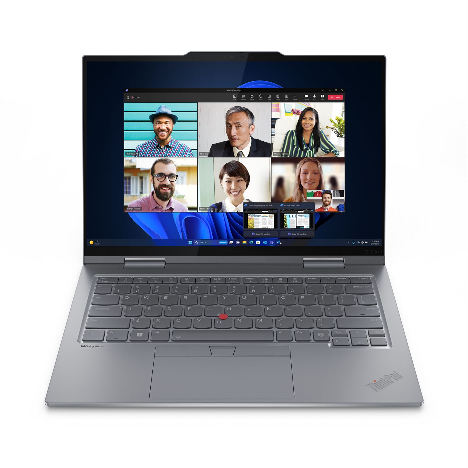 Lenovo ThinkPad X1 2-in-1 Intel Core Ultra 7 155U Hybride (2-in-1) 35,6 cm (14") Touchscreen WUXGA 32 GB LPDDR5x-SDRAM 1 TB SSD Wi-Fi 6E (802.11ax) Windows 11 Pro Grijs afbeelding