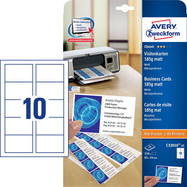 Visitekaart Avery Zweckform C32010-25 85x54mm 185gr 250stuks — Foto 2 van 2