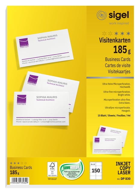 Visitekaart Sigel 85x55mm blanco 185gr wit 150 stuks afbeelding