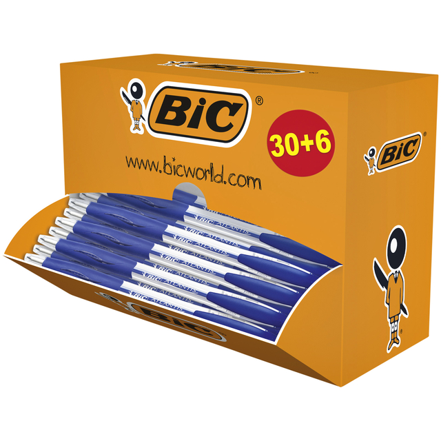 Balpen Bic Atlantis classic grip clic medium blauw valuepack 30+6 gratis afbeelding