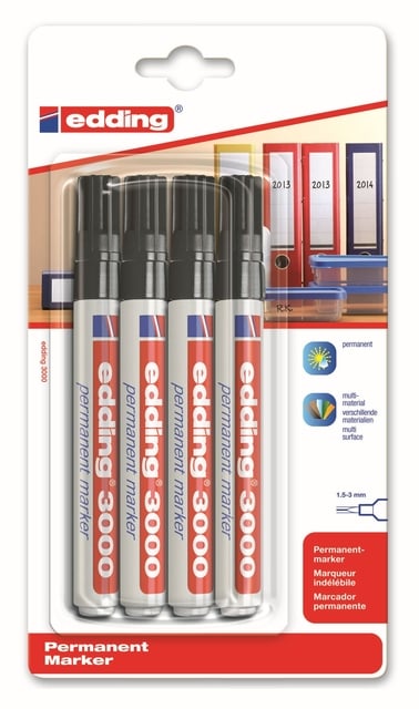 Viltstift edding 3000 rond 1.5-3mm zwart blister à 4 stuks afbeelding