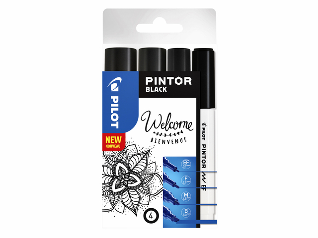 Verfstift Pilot Pintor assorti breedtes zwart etui à 4 stuks afbeelding