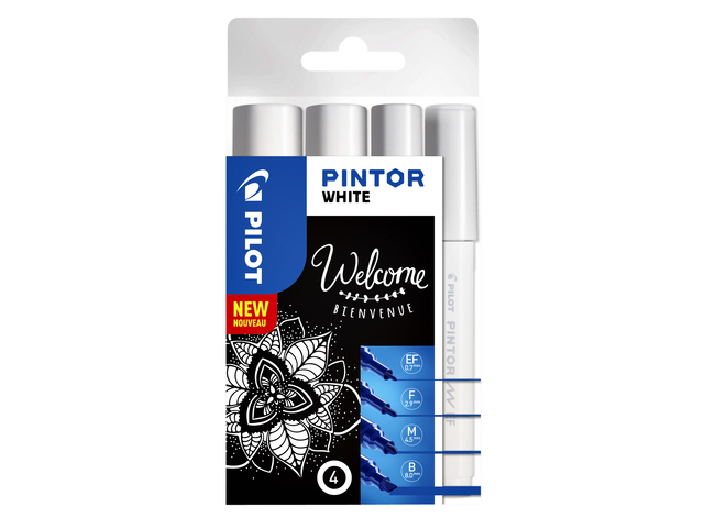 Verfstift Pilot Pintor assorti breedtes wit etui à 4 stuks afbeelding