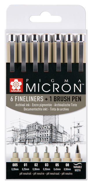 Fineliner Sakura Pigma Micron 6 schrijfbreedtes en brushpen zwart