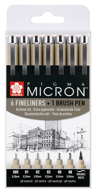 Fineliner Sakura Pigma Micron ass + brushpen zwart afbeelding