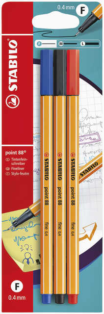 Fineliner STABILO point 88/3 fijn assorti blister à 3 stuks afbeelding