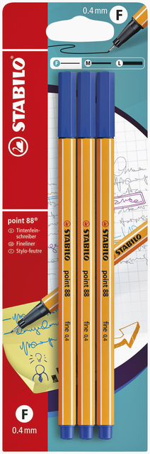 Fineliner STABILO point 88 fijn blauw blister à 3 stuks afbeelding