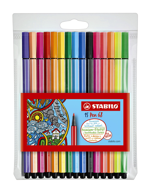 Viltstift STABILO Pen 68/15 medium assorti etui à 10+5 neon kleuren afbeelding