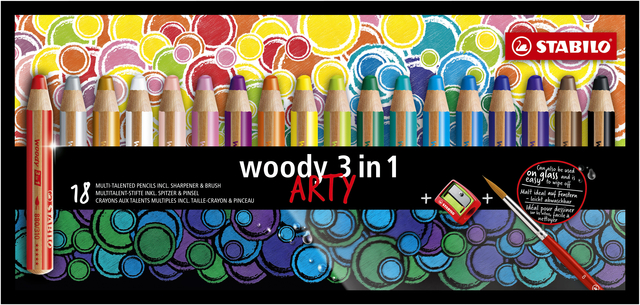 Kleurpotloden STABILO 880 woody 3 in 1 Arty incl puntenslijper en penseel assorti etui à 18 stuks afbeelding