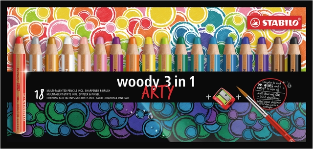 Kleurpotloden STABILO 880 woody 3 in 1 Arty incl puntenslijper en penseel assorti etui à 18 stuks