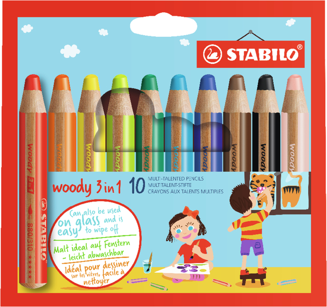 Kleurpotloden STABILO 880 woody 3 in 1 assorti etui à 10 stuks afbeelding
