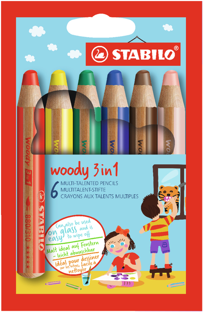 Kleurpotloden STABILO 880 woody 3 in 1 assorti etui à 6 stuks afbeelding