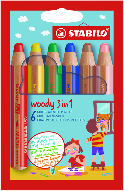 Kleurpotloden STABILO 880 woody 3 in 1 assorti etui à 6 stuks