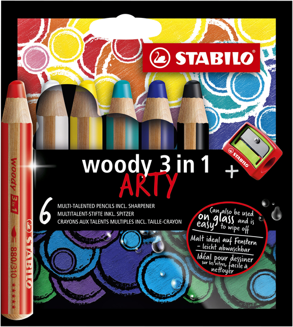Kleurpotloden STABILO 880 woody 3 in 1 Arty inclusief puntenslijper assorti etui à 6 stuks afbeelding