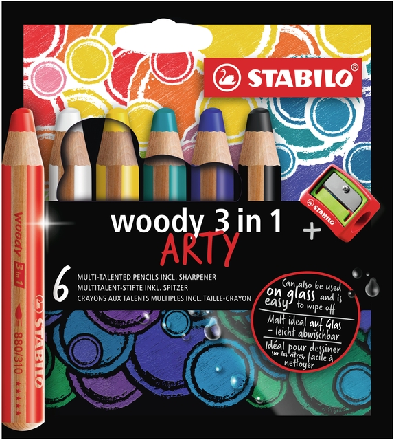 Kleurpotloden STABILO 880 woody 3 in 1 Arty inclusief puntenslijper assorti etui à 6 stuks