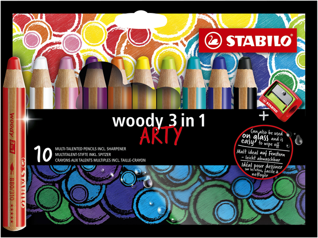 Kleurpotloden STABILO 880 woody 3 in 1 Arty inclusief puntenslijper assorti etui à 10 stuks afbeelding