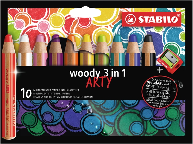 Kleurpotloden STABILO 880 woody 3 in 1 Arty inclusief puntenslijper assorti etui à 10 stuks