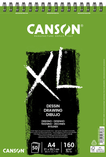 Tekenblok Canson XL Dessin A4 160gr spiraal 50 vel