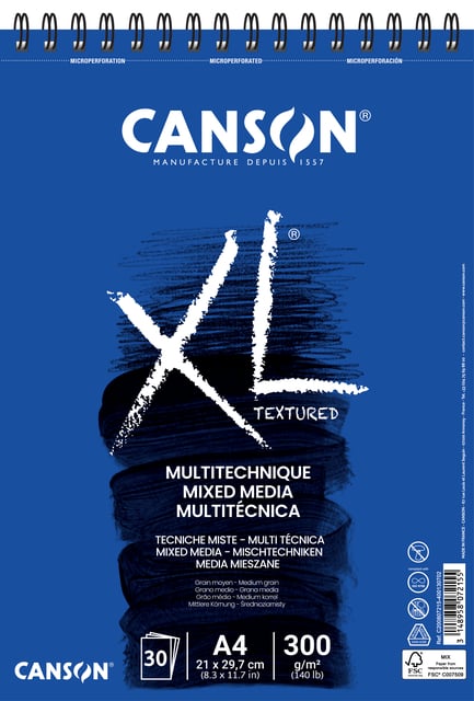 Aquarelblok Canson XL Mix Media A4 300gr spiraal 30 vel afbeelding