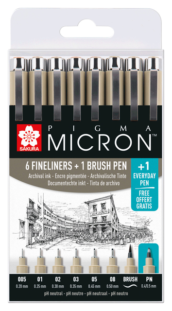 Fineliner & brush set Sakura Pigma Micron 7 + 1 Pigma Micron PN gratis afbeelding