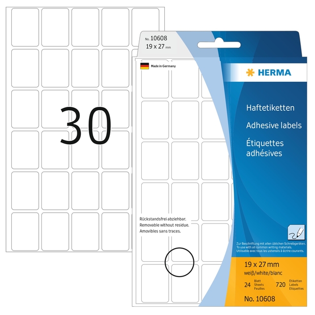 Etiket HERMA 10608 19x27mm verwijderbaar wit 720 etketten afbeelding