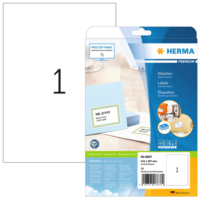 Etiket HERMA 8637 210x297mm A4 premium wit 10stuks afbeelding