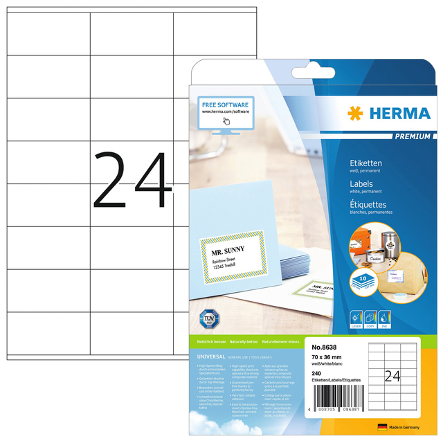 Etiket HERMA 8638 70x36mm premium wit 240stuks afbeelding
