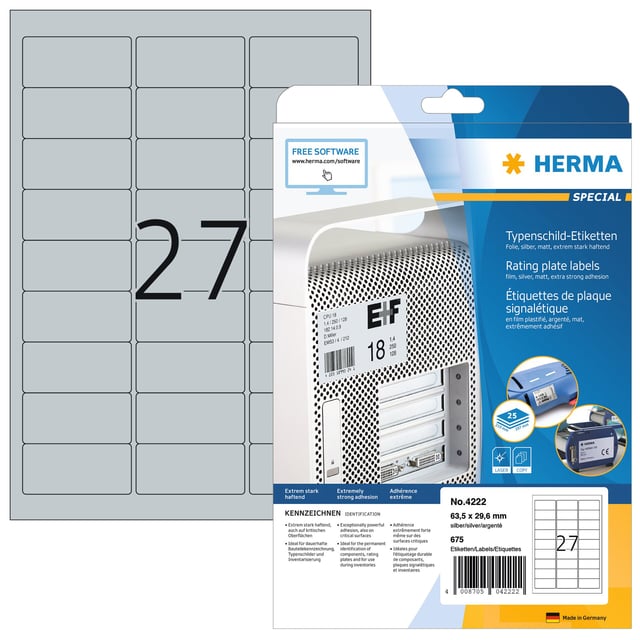 Etiket HERMA 4222 63.5x29.6mm weerbestendig zilver 675stuks afbeelding