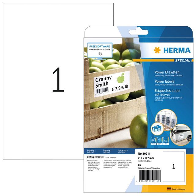 Etiket HERMA Power 10911 210x297mm wit 25stuks afbeelding