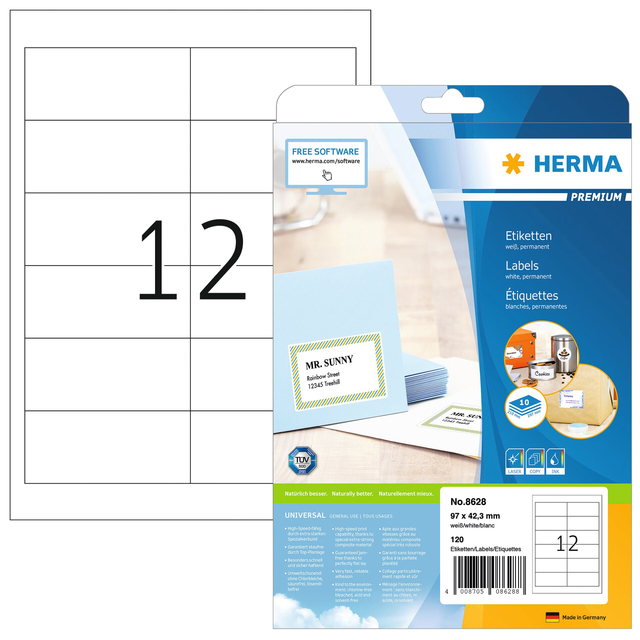 Etiket HERMA 8628 97x42.3mm premium wit 120stuks afbeelding