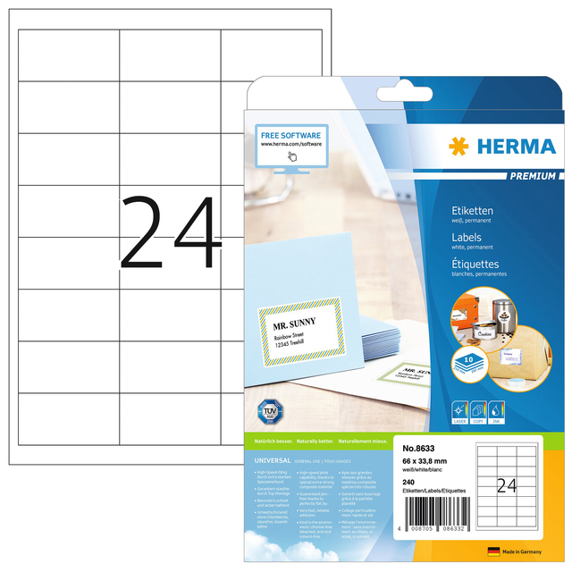 Etiket HERMA 8633 66x33.8mm premium wit 240 stuks